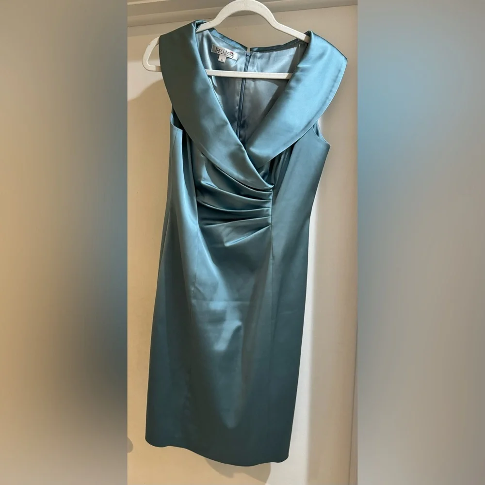 Silk Misty Blue Portrait Collar Ruched Sleeveless Tea Length Dress 10 - Picture 4 of 14